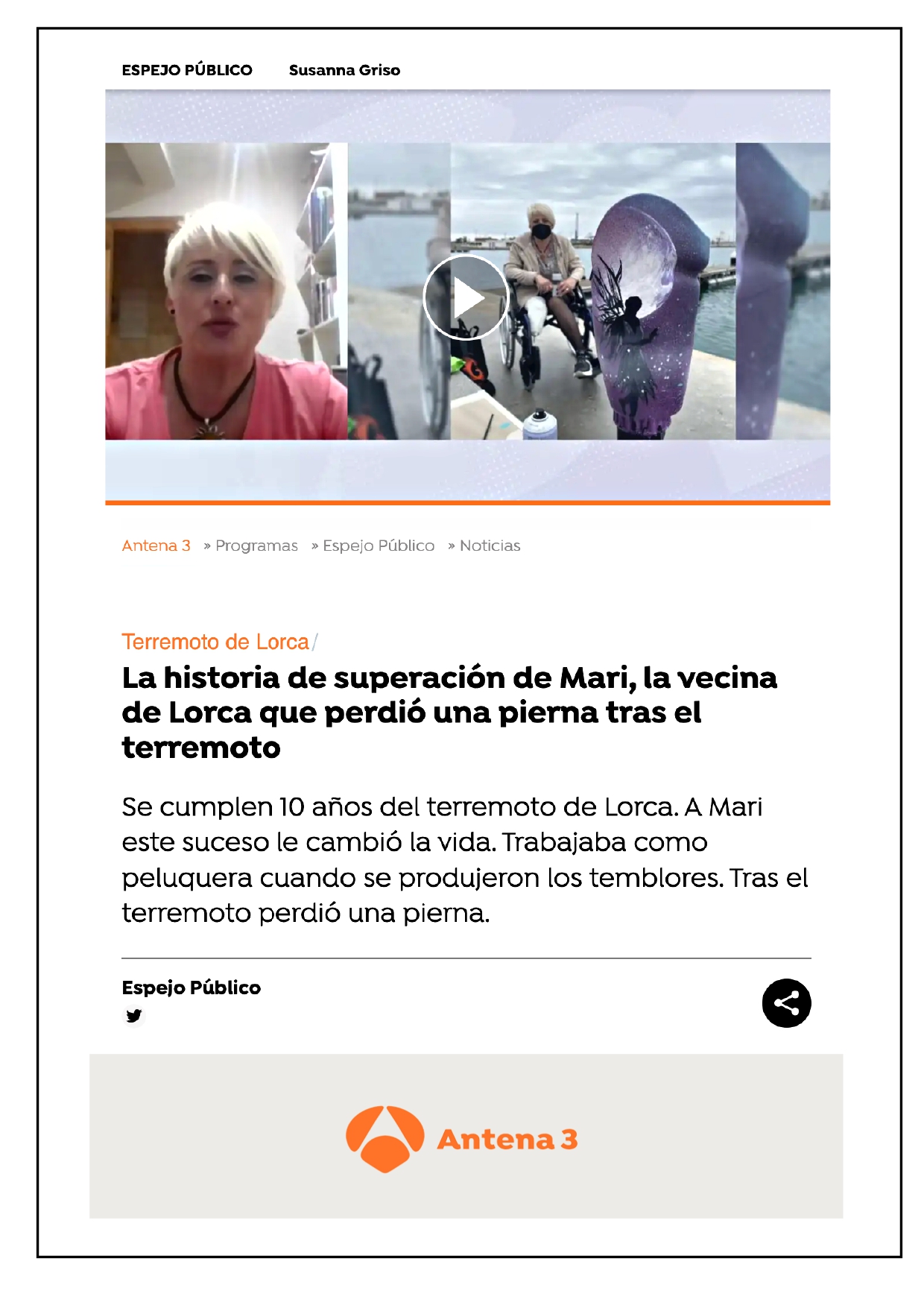 La historia de superación de Mari: La vecina de Lorca que perdió una pierna tras el terremoto